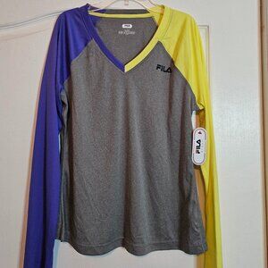 NWT Fila Sport V-Neck Multicolor Long Sleeve Performance Top Large Wicking Women